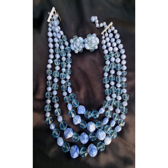 Vintage 1960s WEST GERMANY Signed Blue Plastic Glass Bead Jewelry Set - Picture 3 of 4
